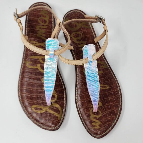 Sam Edelman Gigi Sandal Size 9.5M Iridescent T-Strap Pink Blue Snake Leather - Picture 3 of 14